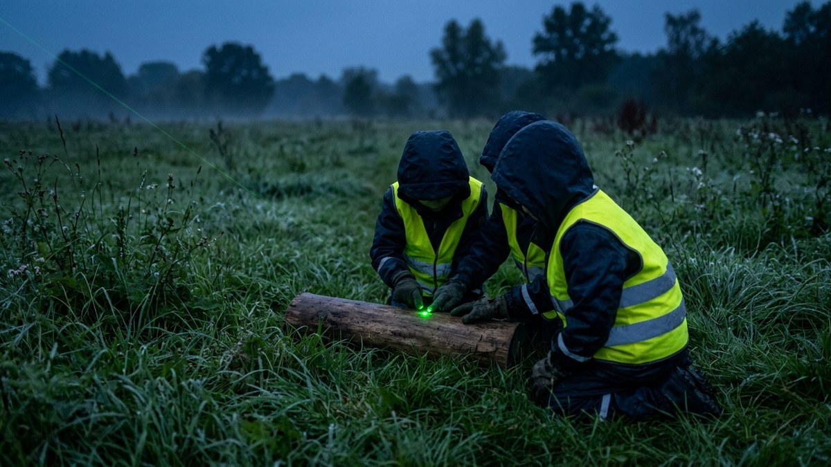 Kinderen op een schemerige speelweide leggen hun hand op een wit kartonnen bord met een cijfer waar een groene lichtstip op valt