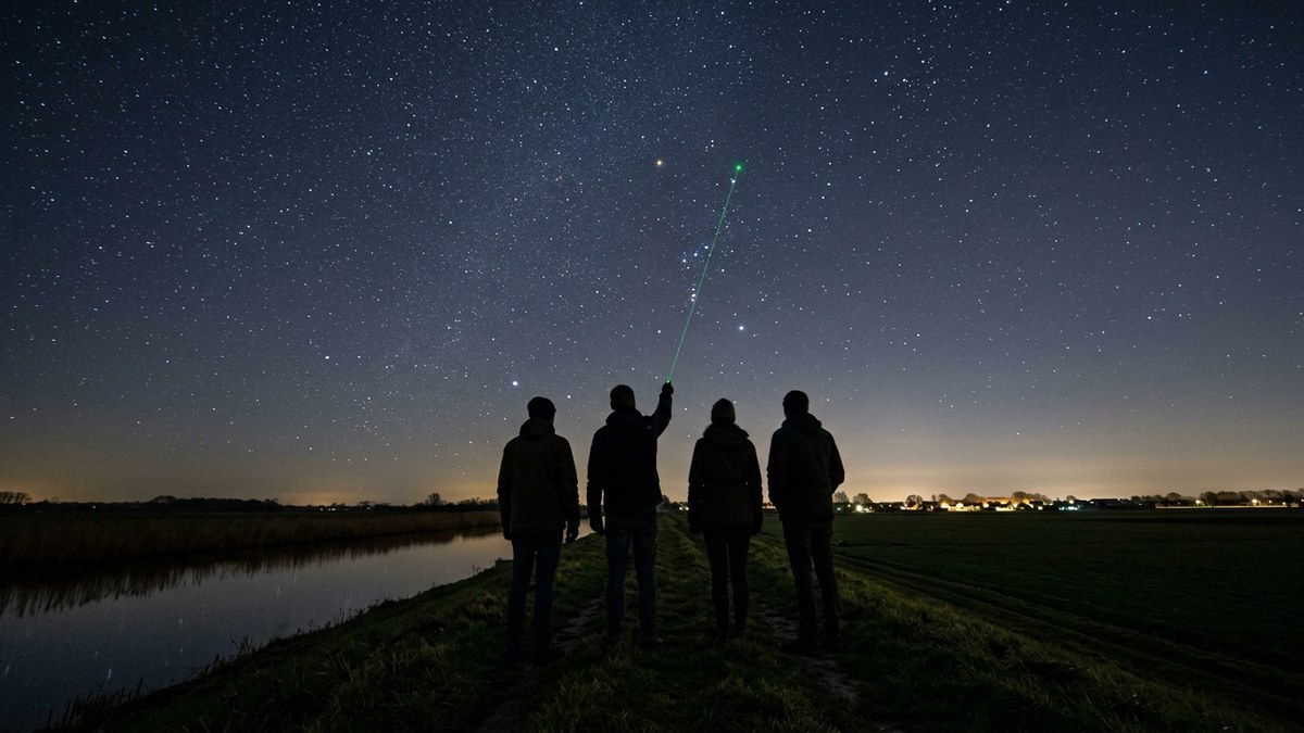 Groepje mensen op een donkere dijk kijkt naar de sterrenhemel, met een dunne groene straal omhoog