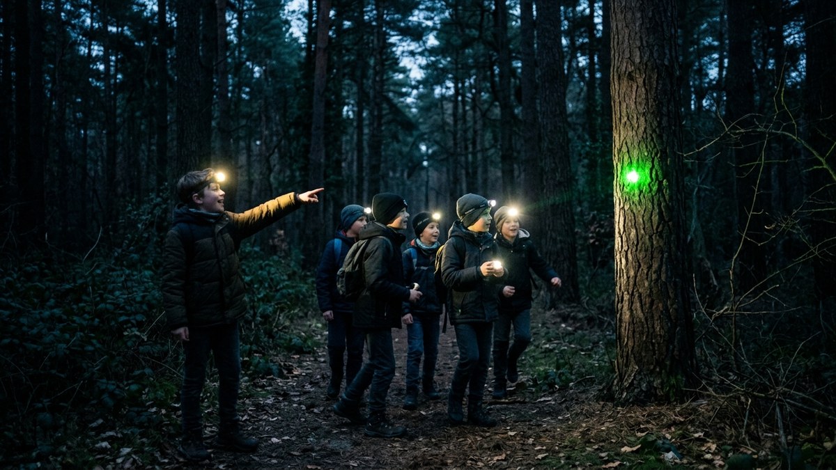 Kinderen met hoofdlampen volgen in een donker dennenbos een groene lichtstip op een boomstam tijdens een nachtspel op kamp