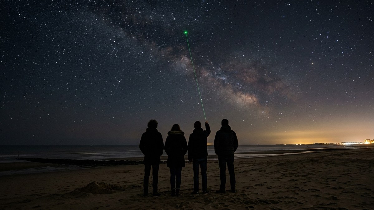 Groepje mensen op een donker strand kijkt naar de sterrenhemel boven zee, met een dunne groene straal omhoog