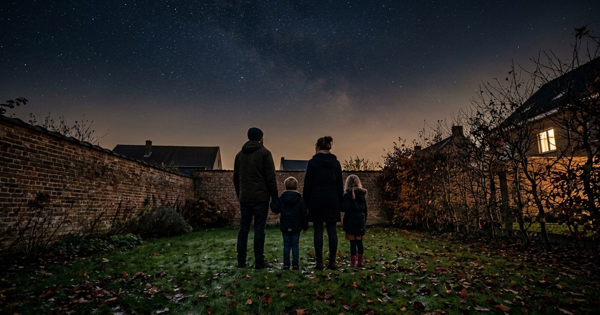 Gezin kijkt in een donkere tuin omhoog naar de sterrenhemel op een heldere najaarsavond