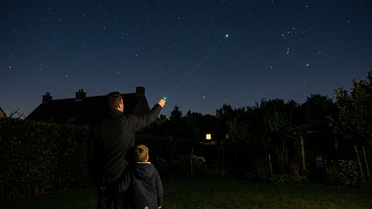 Vader en kind in een Vlaamse tuin wijzen met een dunne groene straal naar een ster