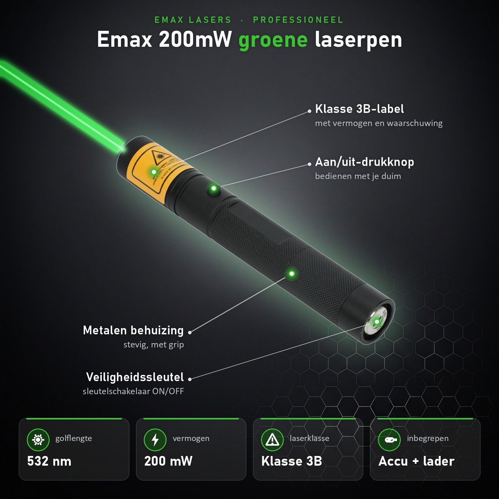 Infographic 200 mW groene laserpointer: onderdelen en specificaties