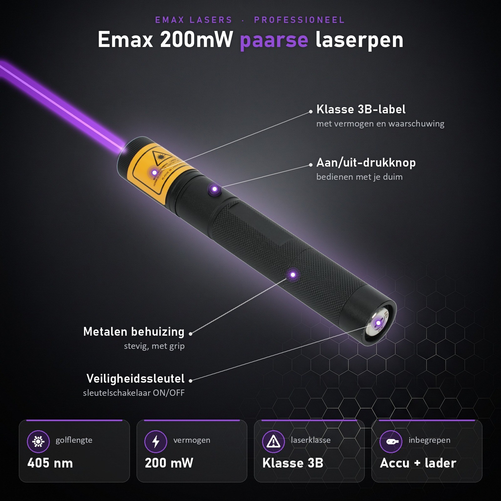 Infographic 200 mW paarse laserpointer: onderdelen en specificaties