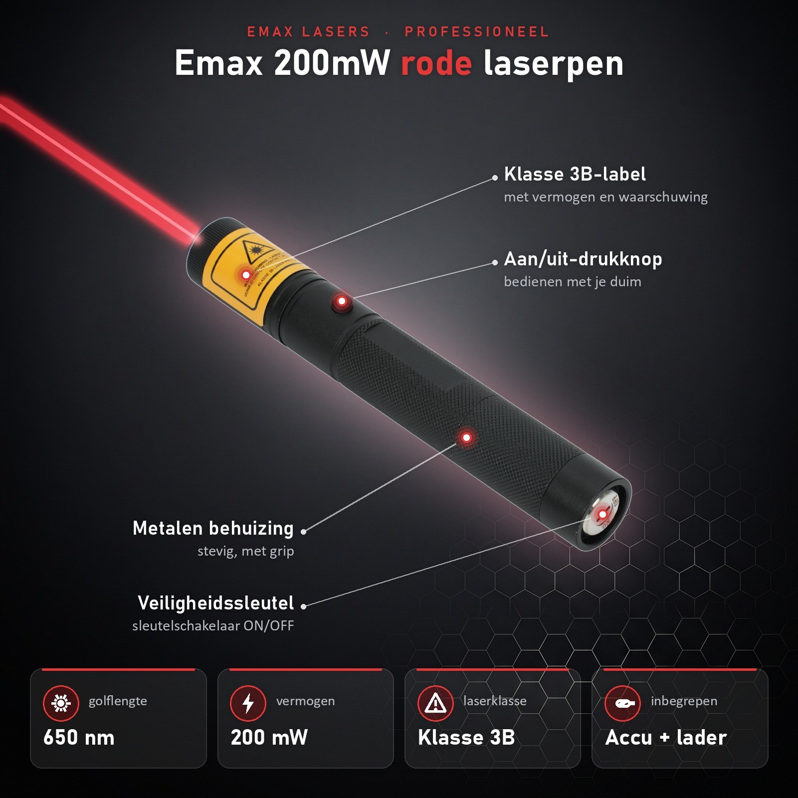 Infographic 200 mW rode laserpointer: onderdelen en specificaties