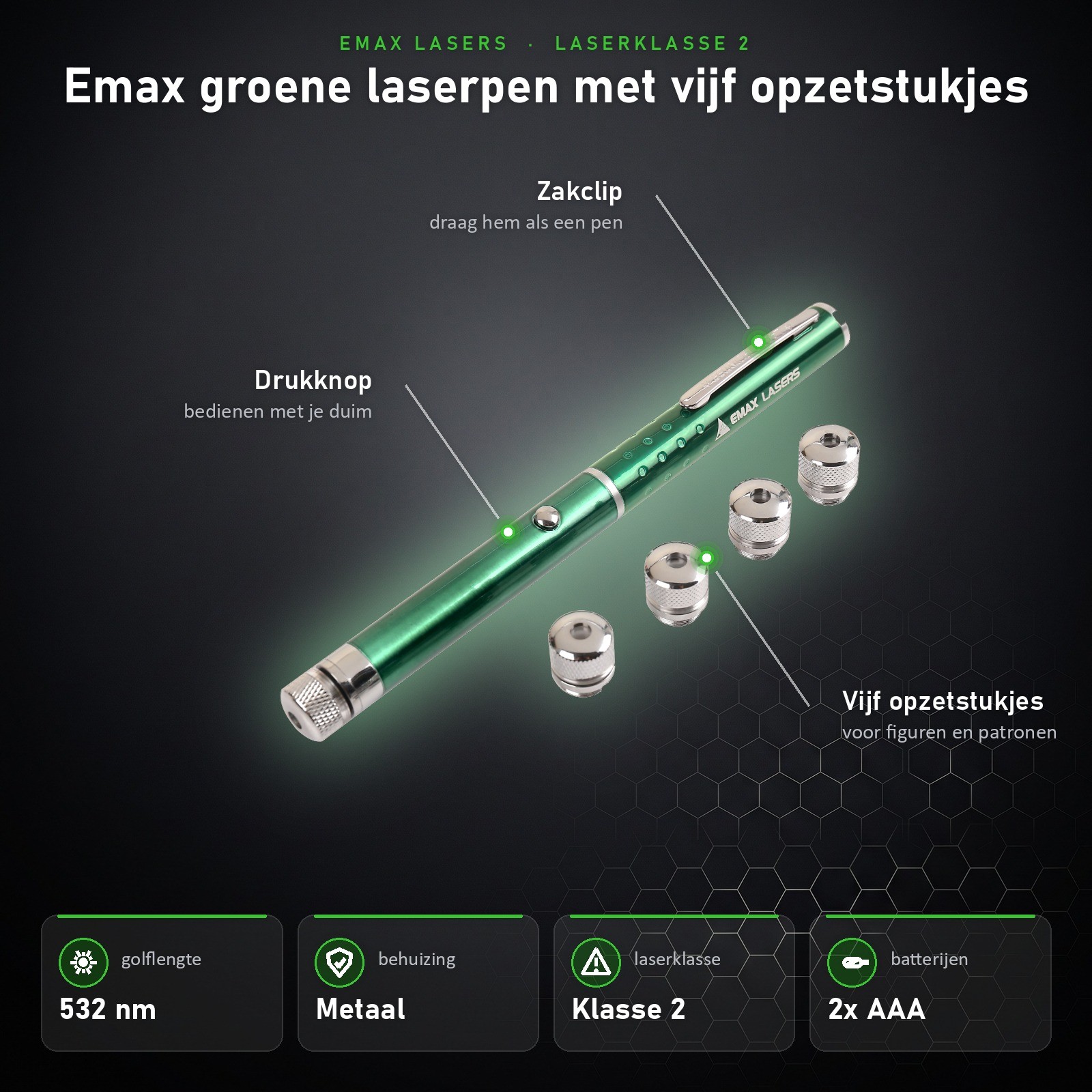 Infographic Emax groene laserpen met vijf opzetstukjes: onderdelen en specificaties