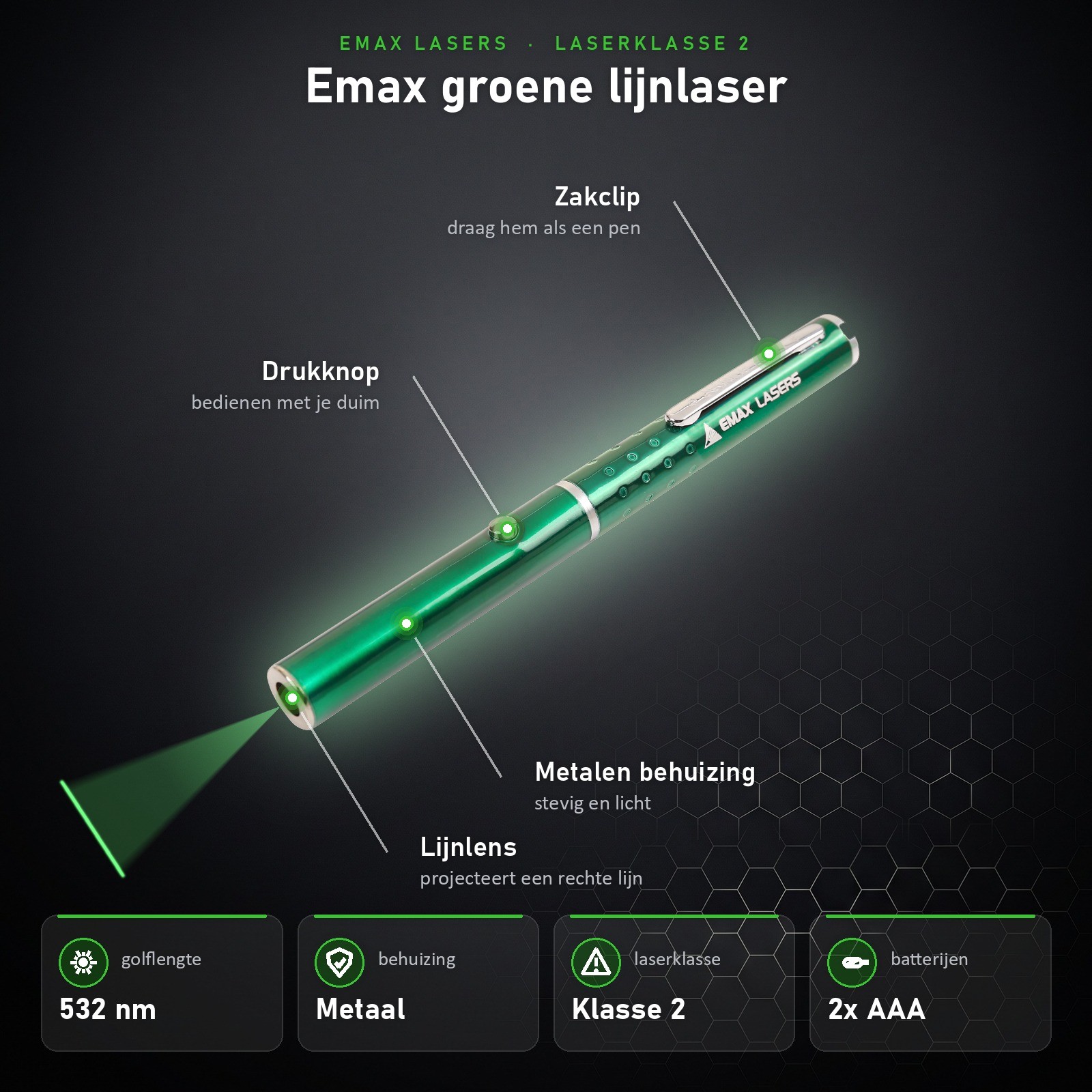Infographic Emax groene lijnlaser: onderdelen en specificaties