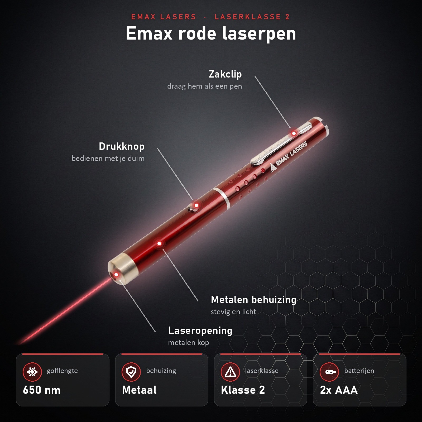 Infographic Emax rode laserpen: onderdelen en specificaties