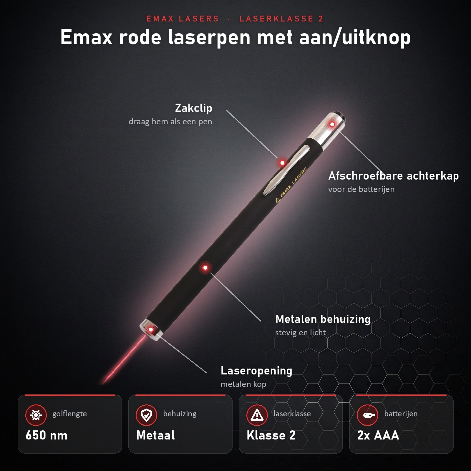 Infographic Emax rode laserpen met aan/uitknop: onderdelen en specificaties