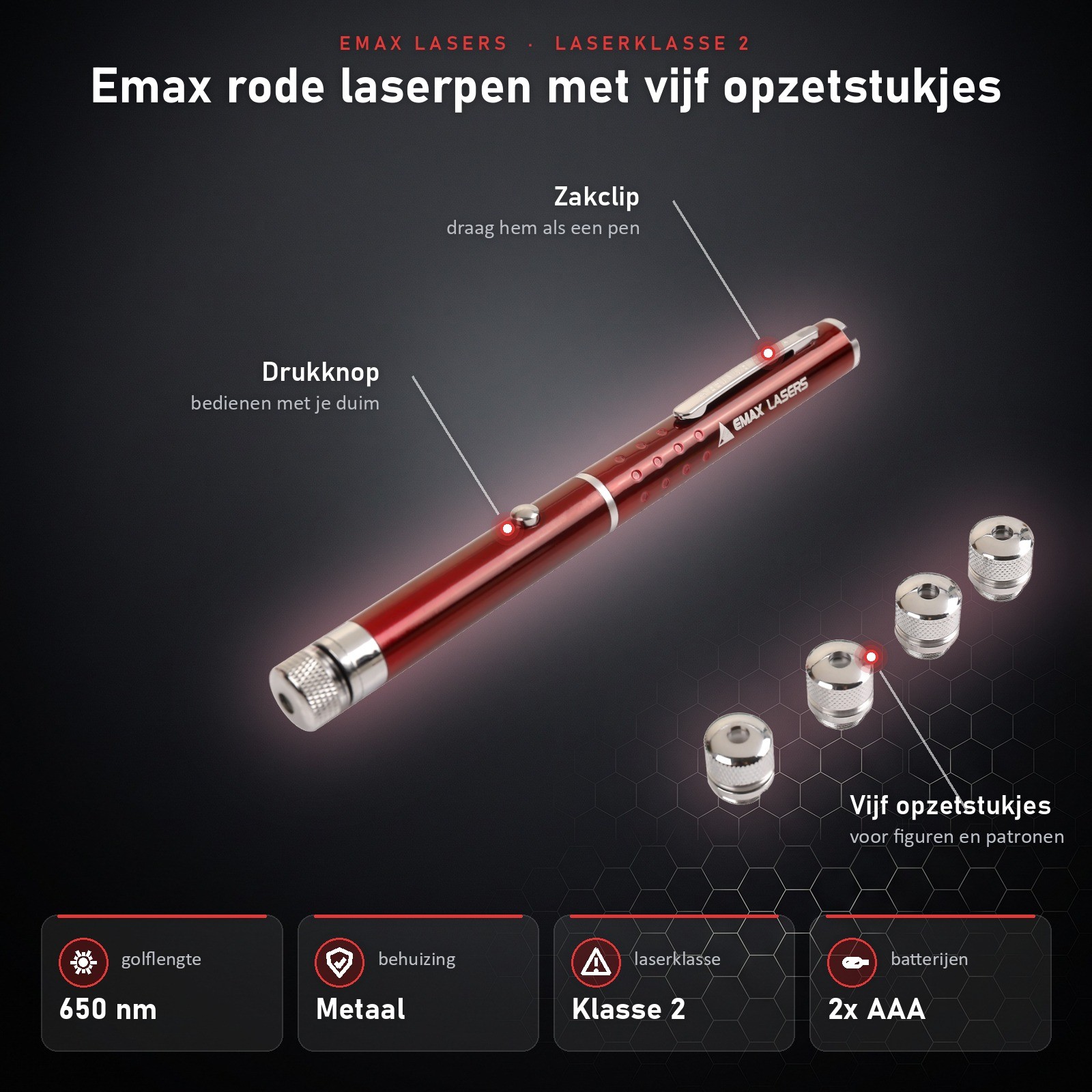Infographic Emax rode laserpen met vijf opzetstukjes: onderdelen en specificaties